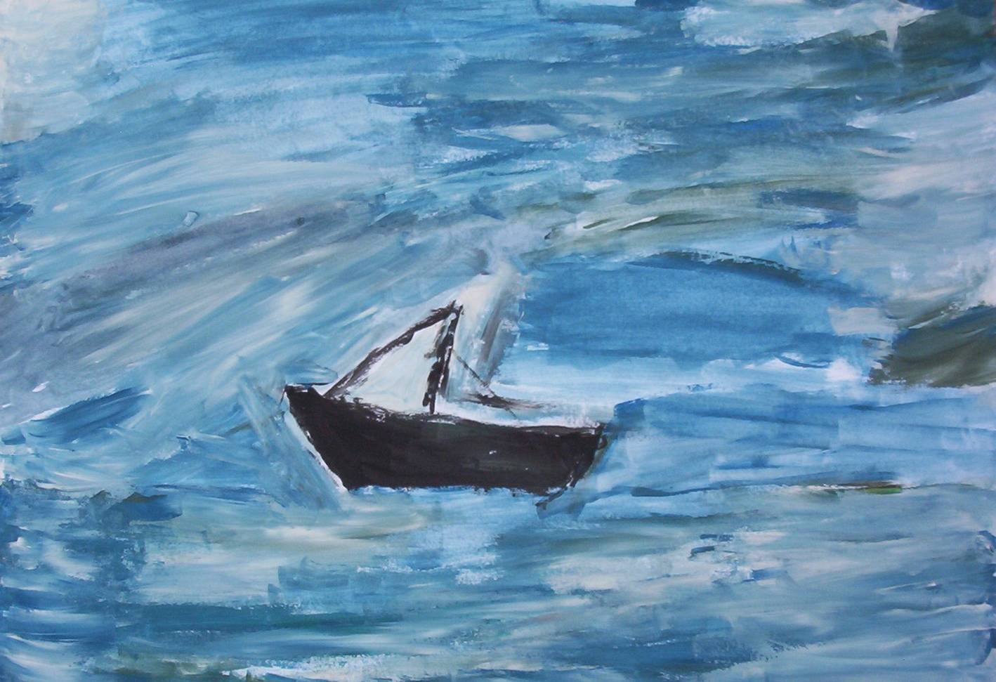 Pintura em tons de azul representando um mar agitado, com um pequeno barco preto de vela branca no centro, navegando em meio às ondas. O céu e o mar se misturam em pinceladas largas e expressivas, transmitindo movimento e emoção.